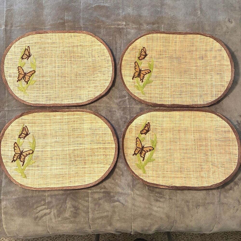 Vintage Burlap Butterfly Embroidered Place Mats Dining Set of 4